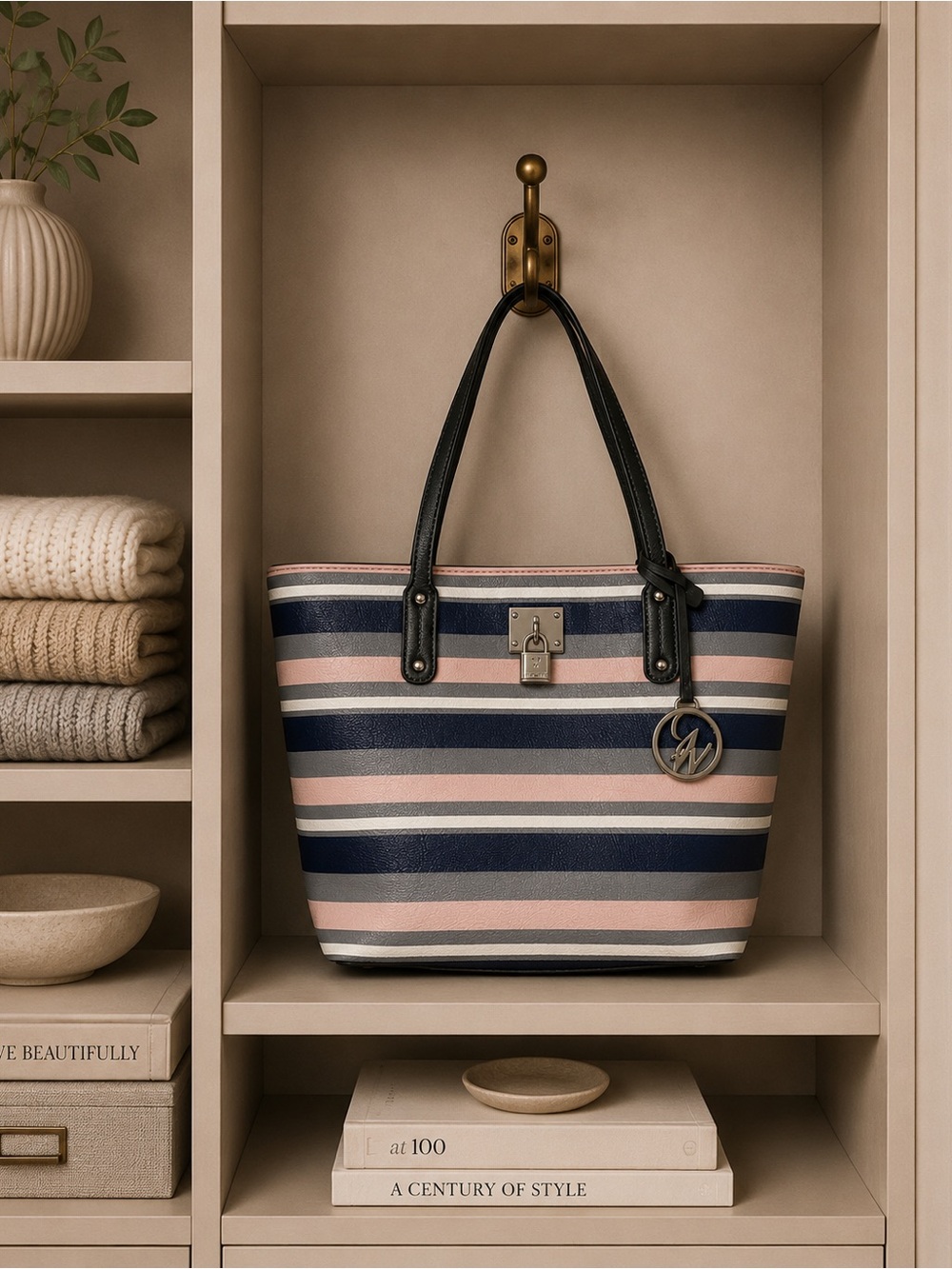 Nine West Navy, Gray, Pink & White Striped Tote with Black Trim